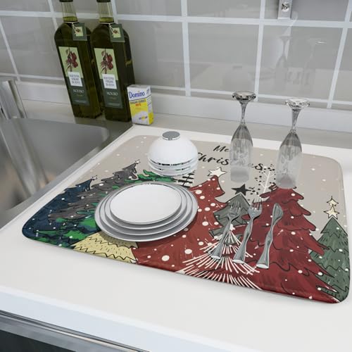 Christmas Trees Dish Drying Mat Winter Holiday Kitchen Dishes Pad 18x24 Inch Absorbent Reversible Fast Dry Draining Rack Pad for Countertop (Christmas Snow Trees / 18" x 24")