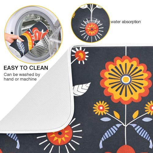 Floral Traditional Folk Art Dish Drying Mat for Kitchen Counter Absorbent Microfiber Drying Pad (18" x 24")