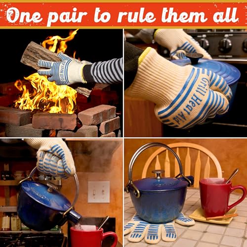 Grill Gloves Heat Proof for Men Grilling BBQ Heat Resistant Gloves (White & Blue / Mid Cuff - Small Palm)