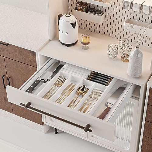 Silverware Drawer Organizer Bamboo Knife Organizer Drawer Insert Expandable Utensil Holder for Kitchen Drawer Flatware Holder W12.8 (White)