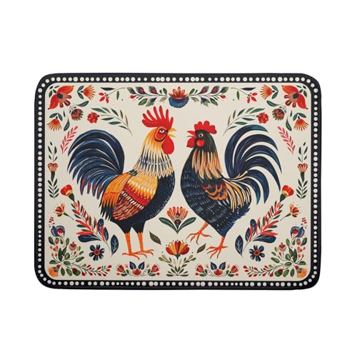 Rooster Poultry Dish Drying Mat for Kitchen Counter 18x24 Inch Microfiber Absorbent Colorful Printing Drying Pad (Chicken Art White / 24" x 18")