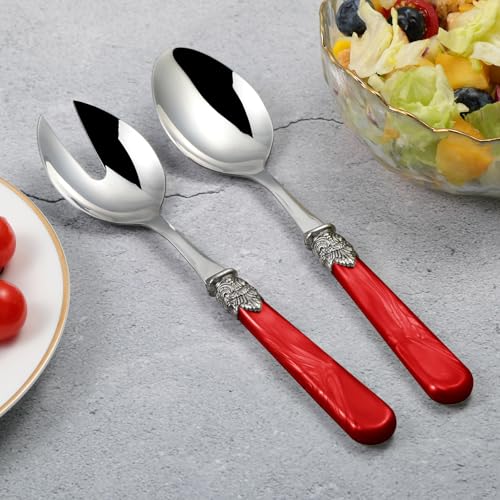 2 piece Salad Servers Stainless Steel Salad Serving Set Salad Fork and Spoon (Red)