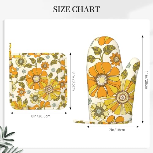 Retro 70s Style Flower Oven Mitts and Pot Holders Sets Silicone Kitchen Mitts Potholders Heat Resistant 4Pcs Oven Gloves Hot Pads for Kitchen Baking Cooking BBQ Grilling (Plant Flower)