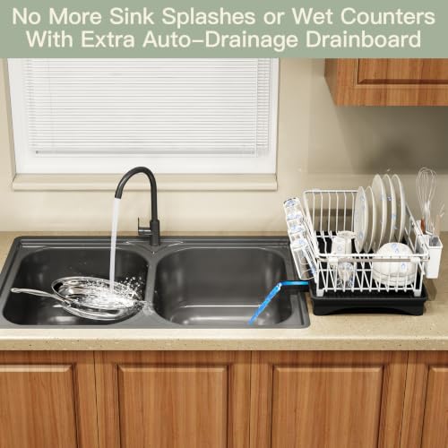 White Expandable Dish Drying Rack Over Sink with Extra Drainboard (White / For 11.5"-16" W Sink with Cup Holder & Drainboard)
