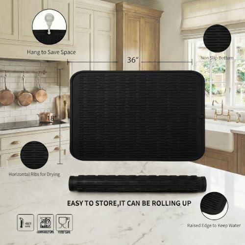 Silicone Dish Drying Mat for Multiple Usage (Black / 36"L x 18"W)