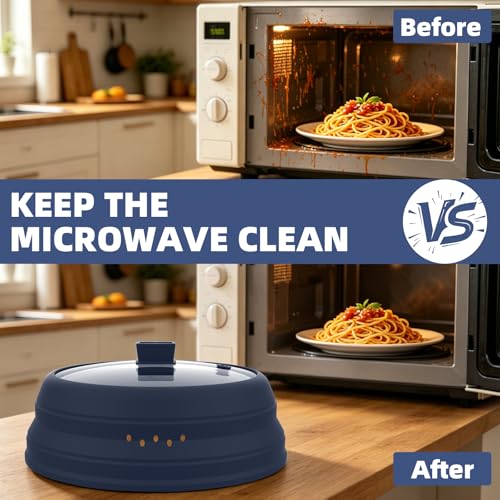 Microwave Splatter Cover Glass Guard Lid with Collapsible Silicone for Food Pot Plate Cover 9.8 inch Dark Blue (DARK BLUE / 9.8 inch)