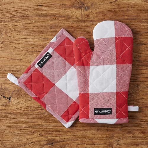 Oven Mitts and Pot Holders Set (Oven Glove + Pot Holder / Buffalo Red Checks)