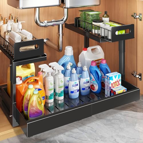 1 Pack Expandable Under Sink Organizers And Storage With Upgrade Ball (1 Pack-15.3"-24.2"W / Black)