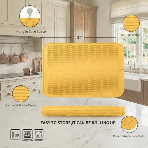 Silicone Dish Drying Mat for Multiple Usage (Yellow / 32"L x 18"W)