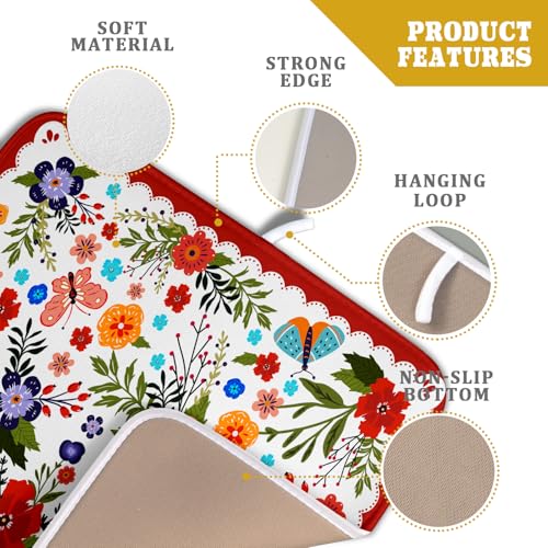 Flowers Printed Dish Drying Mat Floral Coffee Mat for Kitchen Counter Small (Light Flowers Red / 18" x 16")