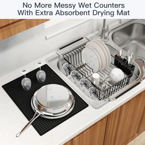 Expandable Dish Drying Rack Over Sink with Extra Drying Mat (Black / For 11.5"-16" W Sink with Cup Holder & Mat)