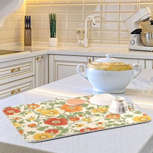 Retro Yellow Orange Flowers Dish Drying Mat for Kitchen Counter Absorbent Microfiber Drying Pad (16" x 18")