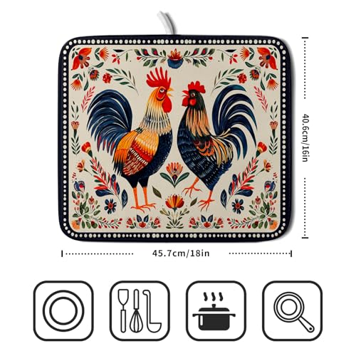 Roosters Chicken Dish Drying Mat for Kitchen Counter Absorbent Microfiber Drying Pad 16 x18 In (Chicken Art White / 18" x 16")