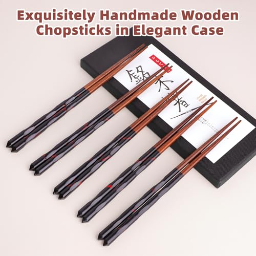 5 Pairs Hardwood Chopsticks Reusable Japanese Style Natural Wood Chop Stick Hand (Natural Wood - Carving Style)