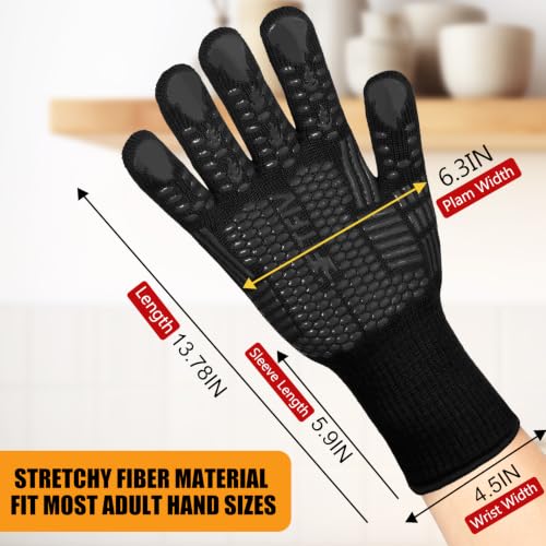 BBQ Gloves 1472°F Heat Resistant with Silicone Grip Oven Mitts (Black / Long (Glove L 13.78" × Palm W 6.33"))