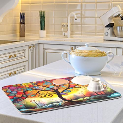 Abstract Tree Dish Drying Mat for Kitchen Counter Absorbent Microfiber Drying Pad (18" x 24")