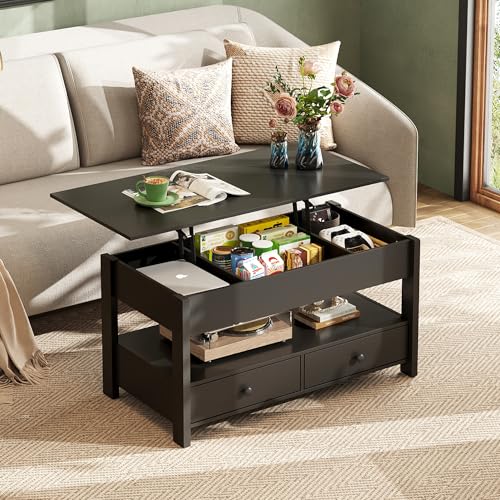 Lift Top Coffee Table with 2 Drawers (Rustic Black / 39" with Drawer)