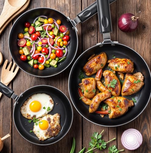 Nonstick Frying Pan Set 3 Piece 8 9.5 11 Inch PFOA Free Grey (Grey-Black)