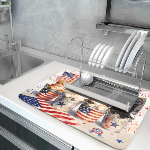 Vintage Patriotic Dish Drying Mat Cute Cats American Flag Drying Matt Kitchen Counter for Home Decor (Patriotic Cat White / 24" x 18")