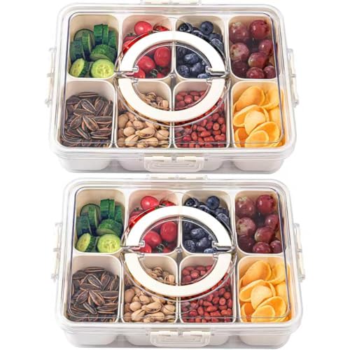 2Pcs Snackle Box Snack Containers with Lid Divided Serving Tray with Handle (8 Compartments-2pcs / White)