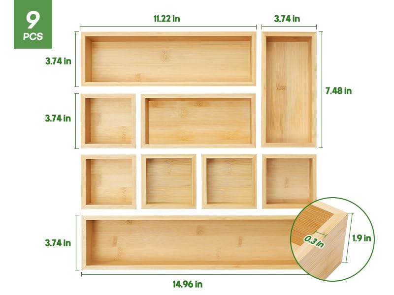 Bamboo Drawer Organizer Set (9 Count)