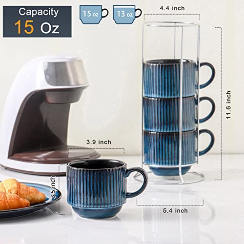 15 Oz Ribbed Stackable Coffee Mug Set of 4 (Navy / 15 Ounces)