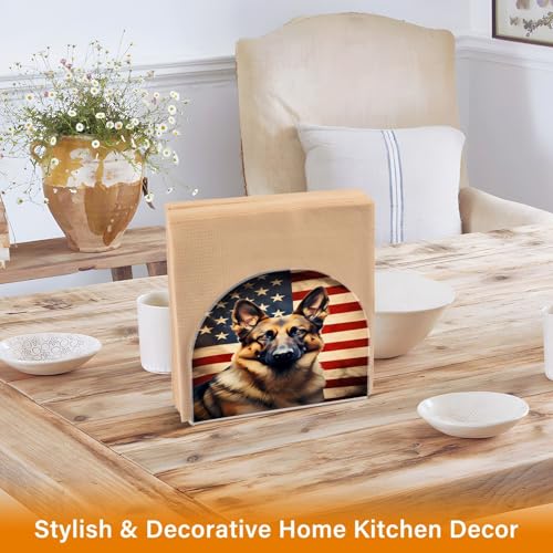 Dog German Shepherd American Flag Napkin Holder for Table Paper Napkins Holder Acrylic Tissue Dispenser Kitchen Dining Room Bathroom Party Car Decor (NH072 / 4.1x4.9x1.97in)