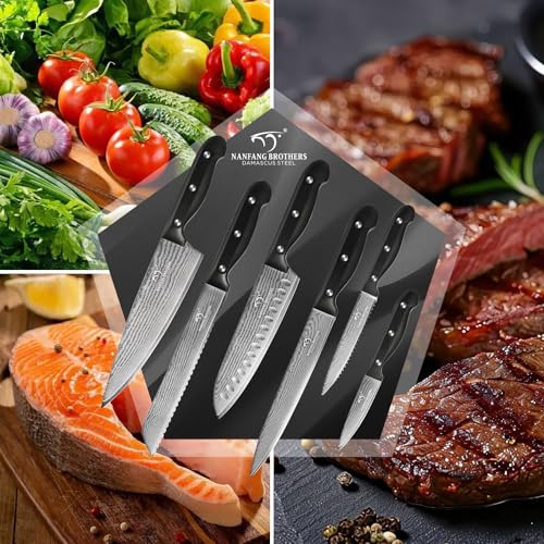 9 Piece Japanese Damascus Kitchen Knife Set with Block (Black/Black / 9 Pieces)