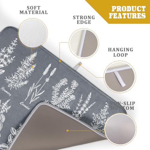 Flower Herbs Dish Drying Mat Wild Plant Dish Rack Mat with Hanging Loop Fast Dry Dish Drainer Pad for Kitchen Counter Sink 18x24 Inch (gray plant collection / 18" x 24")