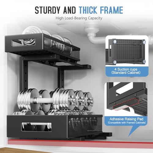 1 Pack-11.4"-16.14"H Under Sink Storage Organizer, Large 2-Tier Elegant Mesh Pull Out Shelf for Kitchen and Bathroom Cabinet Organization, L-Shaped and Adjustable Height Design for Maximum Space-Black (Black / 1 Pack-15.74"Dx11.4"-16.14"H)