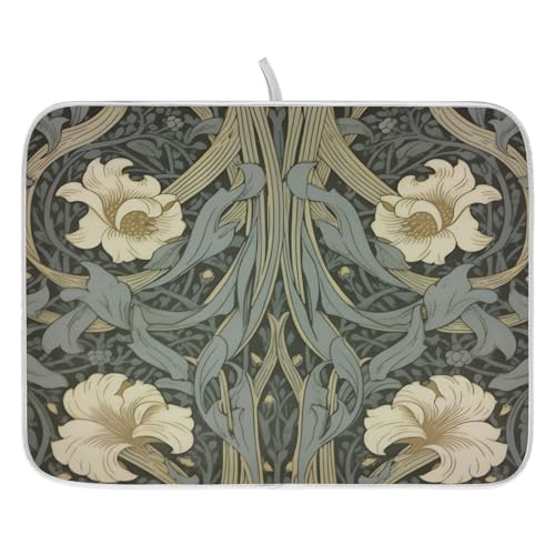 William Morris Flowers Print Dish Drying Mat for Kitchen Counter Absorbent Microfiber Small Drying Pad Dish Mats for Kitchen Countertops 16 x 18 Inch (18" x 16")