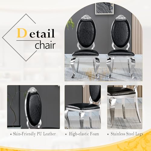 7 Piece Luxury Dining Room Set (Silver White + Black / Dining Table + 6 Carved Chair)
