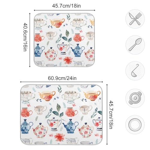 Watercolor Tea Cups Teapots Dish Drying Mat for Kitchen Counter Absorbent Microfiber Drying Pad (18" x 18")