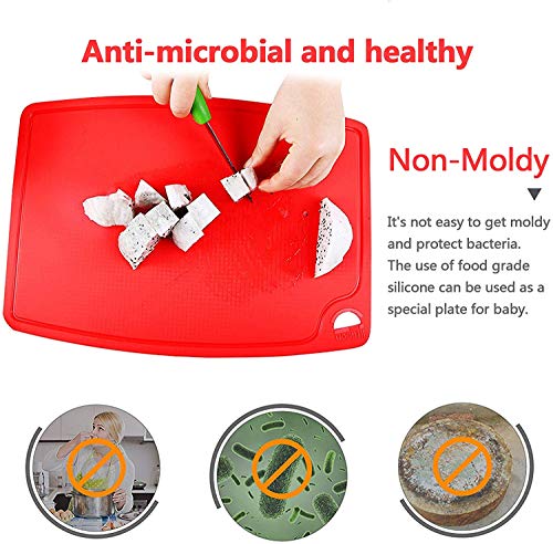 Silicone Thick Cutting Boards Mats Set of 3pcs Foldable & Flexible Design Juice Grooves Easy Grip Handle Dishwasher Safe for Kitchen (9.1"L x 7.1"W, 12.6"L x 9.1"W & 14.6"L x 10.4"W / Red)