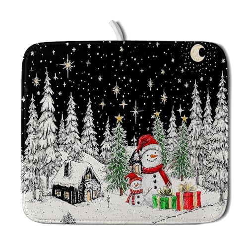 Winter Snowman Dish Drying Mat 18 X 16 in Black Microfiber Dish Pad Absorbent Holiday Kitchen Accessories (Winter Snowman Black / 18" x 16")