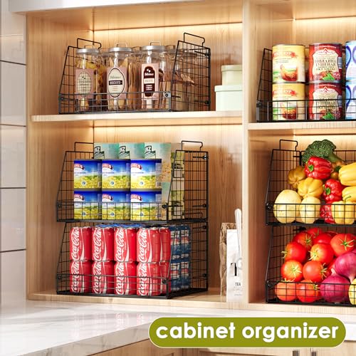 6 Pack Stackable Wire Baskets for Pantry (6 Pack—Wide 15.4"W x11.8"D)