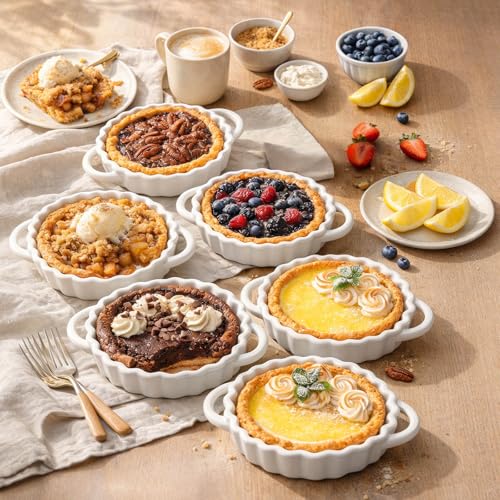 6in Ceramic Mini Pie Pan Set of 6 with Handles for Pie Quiche Tart. Easy to grip (White / 6IN*1.2IN)