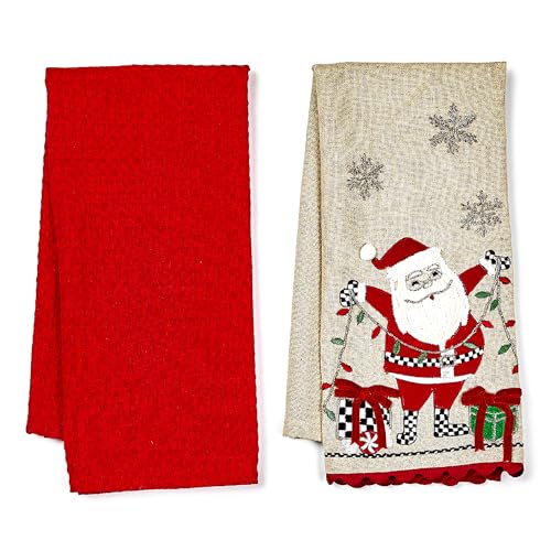 Set of 2 Cotton Dish Towels (Santa With Tree Lights / 2-Pack)
