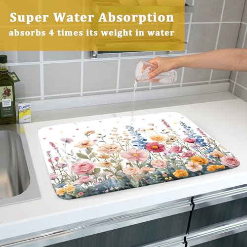 Colorful Flower Dish Drying Mat 18x24 Inch Botanical Floral Drainer Rack Mats Washable Absorbent Dish Dry Pad for Kitchen Counter Sink (Colorful Flower / 18" x 18")