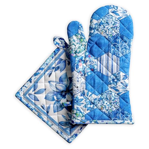 100% Cotton Oven Mitt & Pot Holder Set (028 - Summer Blues / 7.5" x 13" & 8" x 8" (Oven Mitt & Pot Holder))