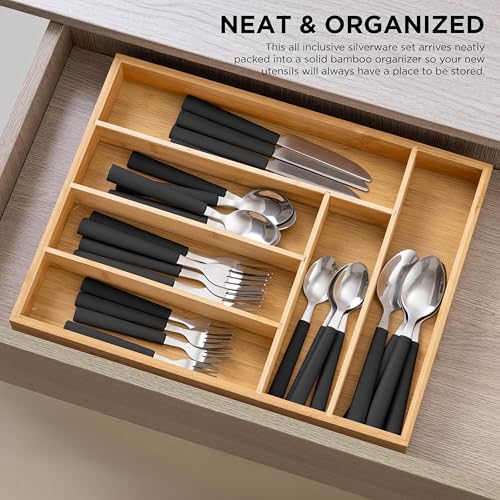 Bamboo Kitchen Utensil Set with Drawer Organizer (Black / 25 Piece Cutlery Set)