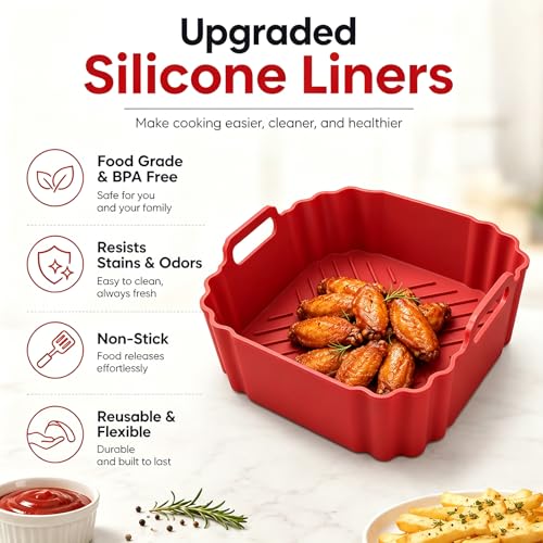2 Pack Square Silicone Air Fryer Liners (Black+Red / 5-6.5QT)
