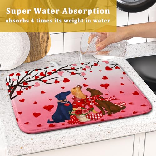Love Dog Dish Drying Mat 16"x18" Red Heart Microfiber Dish Drainer Mat Hanging Loop Absorbent Fast Dry Pad Kitchen Counter Bar Accessories (Love Dogs / 16" x 18")