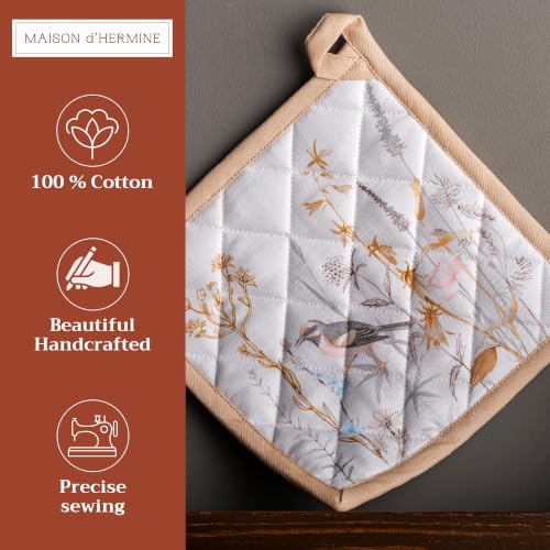 Pot Holders 100% Cotton Potholders (088 - Meadow Florals - Beige / 8" x 8" (Pot Holder Pack of 2))