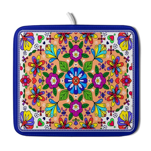Mexican Talavera Dish Drying Mat Navy Blue Microfiber Dish Drain Pad for Kitchen Decor (Mexican Talavera Blue / 18" x 16")