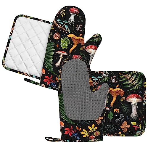 Mushroom Oven Mitts and Pot Holders Sets Silicone Mushrooms Kitchen Mitts Potholders Heat Resistant 4Pcs Oven Gloves Hot Pads for Kitchen Baking Cooking BBQ Grilling (Mushrooms)