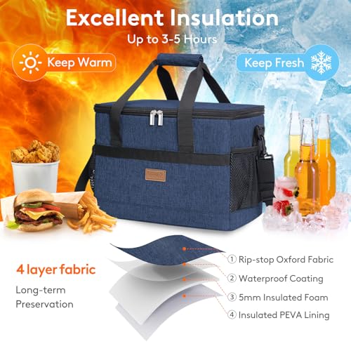 Cooler Bag 30 Cans Collapsible and Insulated Large Lunch Bag Leakproof Soft Cooler Portable for Camping (30-Can(20L) / Dark Blue)