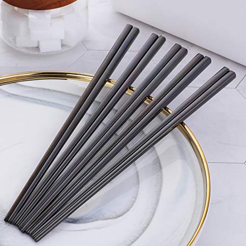 5 Pair Stainless Steel Black Metal Reusable Chinese Square Chopsticks (Black)
