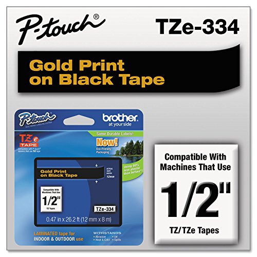 TZE334 P Touch Standard Adhesive Laminated Labeling Tape (Gold on Black / 12mm (0.47”) / Pack of 1)