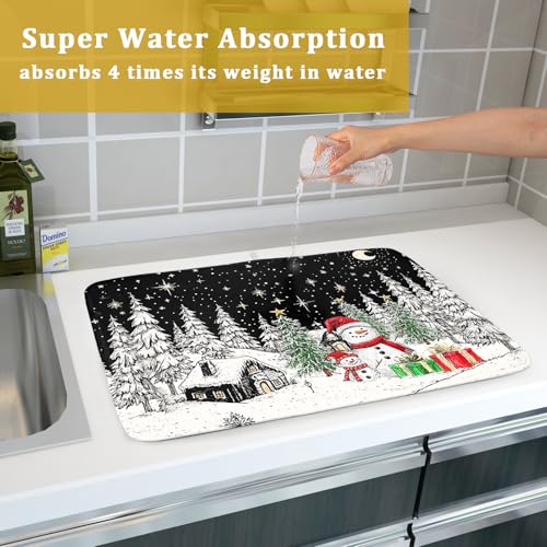 Winter Snowman Dish Drying Mat 24 X 18 in Black Microfiber Dish Pad Absorbent Holiday Kitchen Accessories (Winter Snowman Black / 24" x 18")